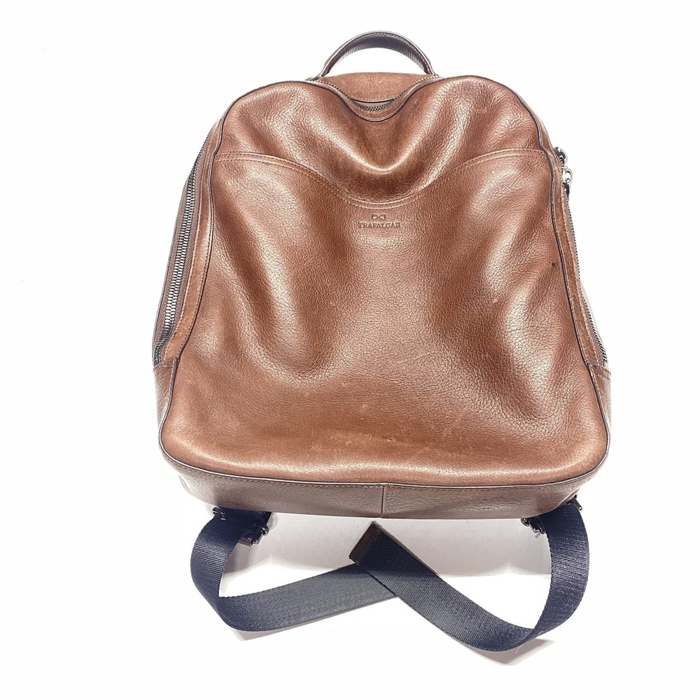Trafalgar Mens Zippered Backpack Bag Metal Adjust Brown Leather Clean Read